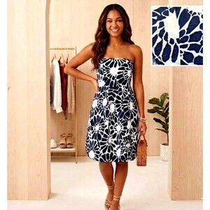 J.Crew Strapless Navy White Floral Nautical Summer Sundress Fit Flare Dress 6